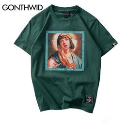 Men's Polos GONTHWID Virgin Mary T Shirts 2023 Funny Printed Short Sleeve Tshirts Summer Hip Hop Casual Cotton Tops Tees Streetwear 230512