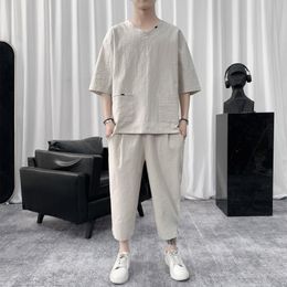 Mens Tracksuits Cotton Linen Solid Color Short Sleeve Shirt Suit Loose Wide Leg Shorts With Pocket Summer Casual Two Pieces Set 230512