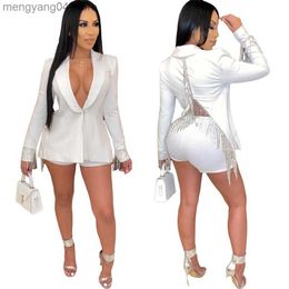 Women's Tracksuits New Women Set Sexy Tassel Deep V Neck Suit Jacket Coat And Shorts Two Piece Outfits T230515