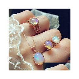 Pendant Necklaces 3Pcs Elegant Transparent Gemstone Earrings Rings Set Combination Jewellery Gift For Girlfriend Mom Drop Deliv Dhgarden Dh7B2