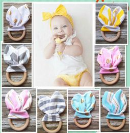 Party Favour 32 Colours Bunny Ear Teether Fabric Wooden Teething Ring Tooth grinding toys With Crinkle Material T9I002308