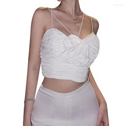 Women's Tanks Summer Slim Short Sexy White Vest Top Women Spicy Girl Fashion Korean Tees Pleated Flower Design Tops Suspenders Female