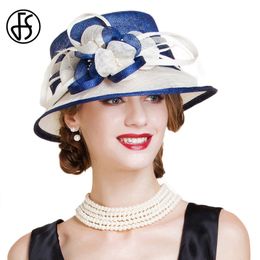 Wide Brim Hats Bucket Hats FS British Blue White Sinamay Women's Wedding Dress Hat Elegant Church Flower Width Brim Fedoras Linen Hat Women 230512