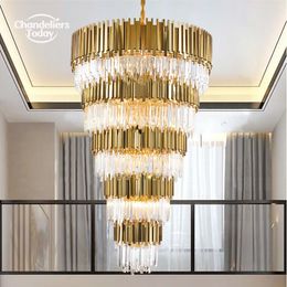 Modern Crystal Chandeliers Luxury Large LED Gold Round Hanging Lamps Lustre for Living Room Dining Room Staircase Pendant Lights