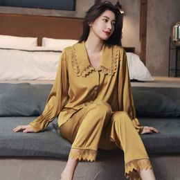 Women's Sleepwear 2PCS Women Pajamas Sets Sexy Lace Turn-Down Collar Pyjamas Sleep Suit Spring Summer Rayon Nightwear Casual Sleepwear Home Wear 230515