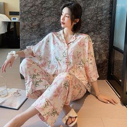 Women's Sleepwear 2023 2 Piece Silky Satin Pajama Sets Luxury Women Floral Printed Feminino Nightgown Femme Ladies Home Clothes