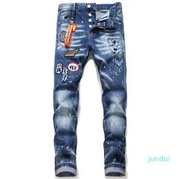 Fashion-Mens jeans man pants designer black skinny stickers light wash ripped motorcycle rock men