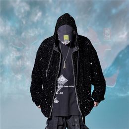 Men's Jackets Men Sequin Streetwear Hip Hop Shiny Hooded Jacket Fashion Vintage Casual Coat Women Unisex Dance Stage Clothing