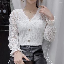 Women's Blouses Autumn Fashion White Vintage Long Sleeve Tops Sexy Lace Patchwork Hollow Out Shirt Button Mesh Crochet Blouse Women 16002