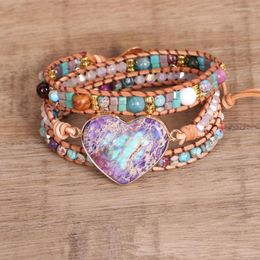 Strand Heart-shaped Leather Wrap Bracelet Vintage Purple Natural Stone Cuff Boho Jewellery