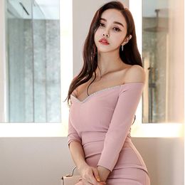 Party Dresses Sexy Beading Deep V-Neck Evening Dress Off The Shoulder Three Quarter Sleeve Chic Back Slit Stretchy Solid Colour Slim Prom