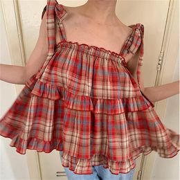 Women's Blouses French Sweet Plaid Casual Strap Top 2023 Summer Holiday Style Off Shoulder Blouse For Women Tank