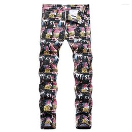 Men's Jeans Men Digital Print Pants Fashion Colored Drawing Painted Slim Tapered Trousers