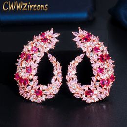 Dangle Chandelier CWWZircons Rose Gold Plated Luxury Geometry Flower Red Cubic Zirconia Big Wedding Earring Fashion Famous Jewellery CZ415 230515