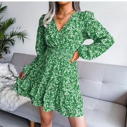 Casual Dresses Spring Summer Woman Dress Fashion V-neck Long Sleeve Green Floral Ruffles Elegant Party For Women Robe Femme 2023