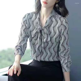 Women's Blouses Design Print Elegant Mesh Shirt Spring Summer Fashion Blouse 2023 Korean Style Bow Collar Female Long Sleeve