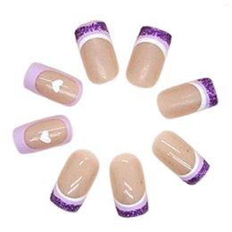 False Nails Square Nude Fake With Purple Glitter Full Cover Artificial Nail Tips For Girl Dress Matching