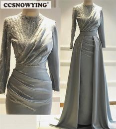 Party Dresses Grey Long Sleeve Muslim Evening Dress Satin Beaded Hijab Prom Formal Gown Arabia Dubai Kaftan Islamic Robe De Soiree 230515
