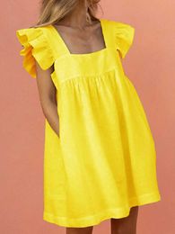 Party Dresses Women Ruffled Mini Dress Summer Cute Square Collar Pocket Dresses Elegant Butterfly Sleeve Beach Party Female Dresses Vestidos P230515