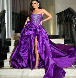 2023 May Aso Ebi Purple A-line Prom Dress Crystals Beaded Satin Evening Formal Party Second Reception Birthday Engagement Gowns Dress Robe De Soiree ZJ266