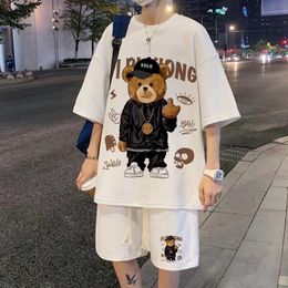 Men's Tracksuits Korean Fashion Streetwear Hip Hop Rock Casual Short Suit Funny Bear Tshirts Shorts 2 Piece Set Summer Tracksuit clothes For Men 230515