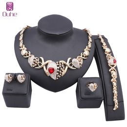 Fashion Women Bridal Costume Choker Crystal Red Heart Statement Necklaces Earring Bracelet Ring Boho Party Jewelry Sets