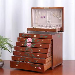 Jewelry Pouches Wood Storage Display Box Vintage Chinese Style 8-Layers Large Capacity With Lock Curved Drawer Rings Necklace Organizer