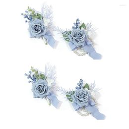 Decorative Flowers 4 PCS Dusty Blue Corsage And Boutonniere Set Prom Artificial Flower Wrist Bracelets