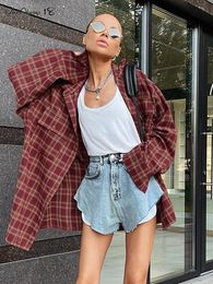 Shirts Mnealways18 Street Style Red Plaid Shirts Women Irregular Long Sleeves Oversized Blouses Spring 2023 Loose Gingham Tops Trendy