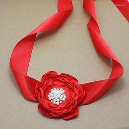 Belts Princess Red Satin Flower Sash With Pearl Wedding Bridal Silk Belt Dress Gown Girl Accessories