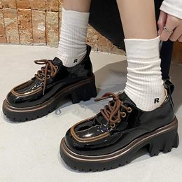 Dress Shoes 2023 Fashion Platform Loafers Women Leather Round Toe Lace-up Chunky Sole Ladies Casual Zapatos Mujer