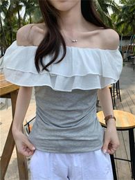 Women's Blouses Alien Kitty Summer Patchwork Women Slim Minimalist Ruffles Daily 2023 OL Slash Neck Gentle Chic High Street Tops