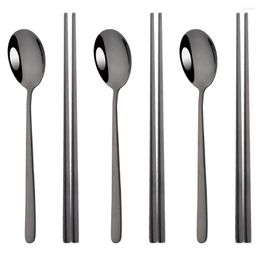 Dinnerware Sets 3Set Black Korean 304 Stainless Steel Chopsticks Spoon Set Long Handle Non-slip Dessert