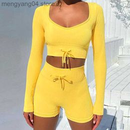 Women's Tracksuits Summer Two-piece set Women Set Body-Shaping Long Sleeve Strecthy Crop Top+Biker Shorts Drawstring Suit Sport Female Tracksuit T230515