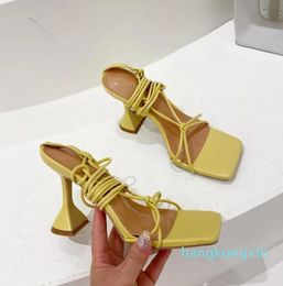 Dress Shoes Fashion Design Summer Yellow Women Sandals Narrow Band Strange High Heels Lace Up Open Toe Ladies