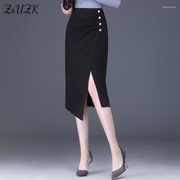 Skirts ZUZK Elegant Fashion Slit Bodycon Black Skirt For Women Elastic High Waist Button Decorate Chic Slim Irregularity Pencil