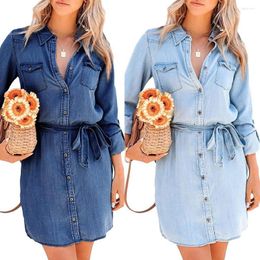 Casual Dresses Women Autumn Long Sleeve Denim Single Breasted Turn-down Collar Bandage Jeans Mini Dress