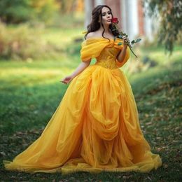 Party Dresses Vibrant Bright Yellow Prom Dress Off-The-Shoulder Ruffles Sleeves Floor Length Layered Puffy Tulle Print Pageant Gown Plus