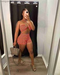 Women's Tracksuits Knit Rib Striped Print Short Tracksuit Women Sexy Halter Cut Out Crop Top + Shorts Club Party Skinny Two Piece Set Outfits T230515