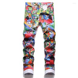 Men's Jeans Men's Graffiti Print Y2K Coloured Slim Tapered Stretch Denim Pants Fashion Streetwear Contrast Colour Trousers