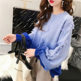 Women's Sweaters Fashion Gradient Colour Knitted Sweater Women Loose Frayed Pullover Knitwear Jumpers Ladies 3 Long Sleeve Knit Tops FemaleWo