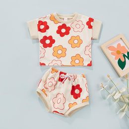 Clothing Sets Infant Baby Girls Outfits Toddlers Summer Flower Print O-neck Short Sleeve Waffle T-shirts Tops Shorts 2Pcs Clothes