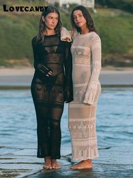Casual Dresses Solid Crochet Knit Maxi Beach Dress Women Full Sleeve Oneck Hollow See Through Summer Lady Long Tunic Cover Ups Robe 230517