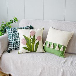 Pillow Case Green Fresh Ins Tulip Cover Simple Embroidery Flower Sofa And Bed Cushions Office Lumbar Cushion