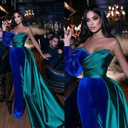 Party Dresses Velvet And Stain Women Evening Dress Custom Made Blue Green One Shoulder Patchwork Jumpsuits Strapless Prom Gown 230515