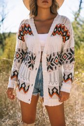 White Tribal Pattern Hollowed Knit Long Cardigan