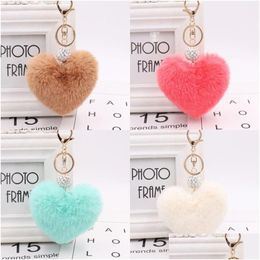 Key Rings Peach Heart Shaped Buckle Plush Imitation Rex Rabbit Hair Rhinestone Ball Keychain Women Car Bag Pendant Keyring Fashion 3 Ot5Ze