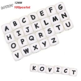 Baby Teethers Toys Kovict 12mm 100Pcs Silicone Letters Beads English Alphabet Baby Teether For Personalised Name DIY Pacifier Chain Clip Toys 230516