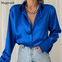 Women's Blouses Shirts Elegant Satin Long Sleeve Vintage Blue Green Silk Shirt Casual Loose Button Up Female Tops 18913 230516
