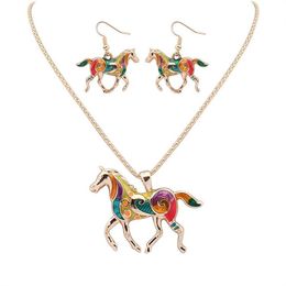 Necklace Earrings Set & 2023 Brand Fashion Gold Colour Enamel Horse For Women Girl Colourful Animal Earring Party Gift